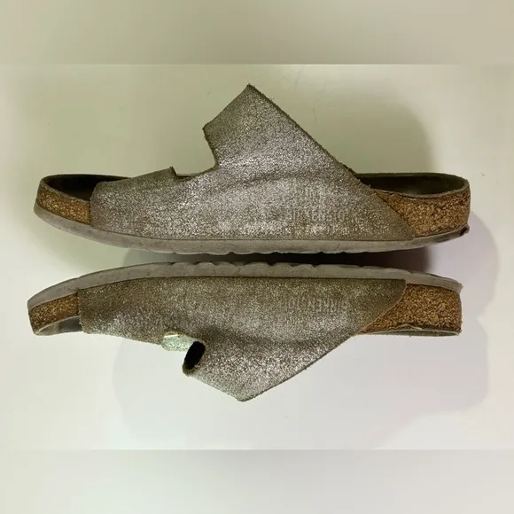 Birkenstock Arizona Washed Metallic Silver Leather 2 Strap Sandals 37 7-7.5