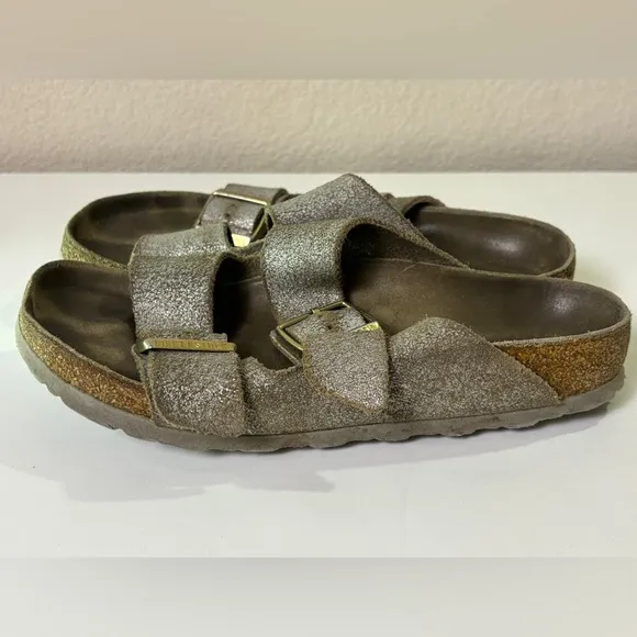 Birkenstock Arizona Washed Metallic Silver Leather 2 Strap Sandals 37 7-7.5