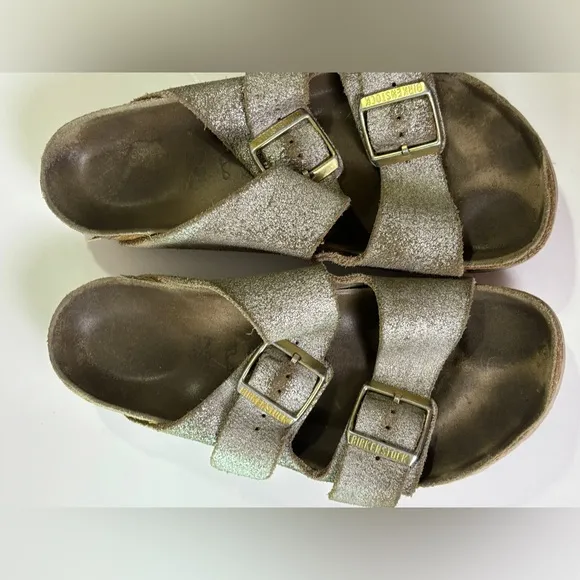 Birkenstock Arizona Washed Metallic Silver Leather 2 Strap Sandals 37 7-7.5