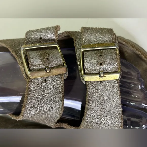 Birkenstock Arizona Washed Metallic Silver Leather 2 Strap Sandals 37 7-7.5