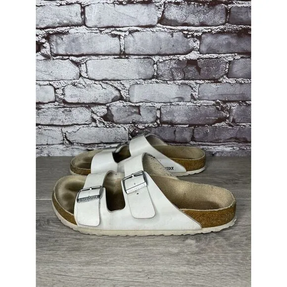 Birkenstock Arizona White Leather Strap Cork Slides Sandals Men Sz 44EU/11M US