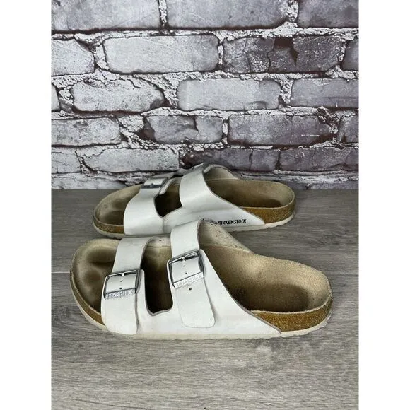 Birkenstock Arizona White Leather Strap Cork Slides Sandals Men Sz 44EU/11M US