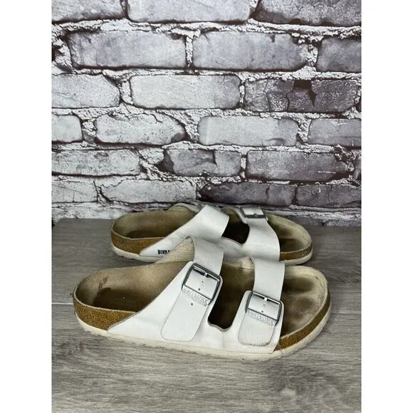 Birkenstock Arizona White Leather Strap Cork Slides Sandals Men Sz 44EU/11M US