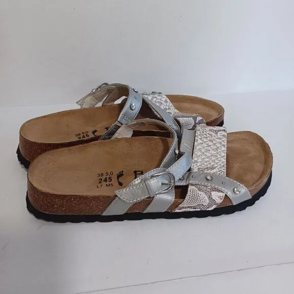Birkenstock Betula Sandals Sz 7 Womens Silver Snake Print‎ Womens Casual Travel