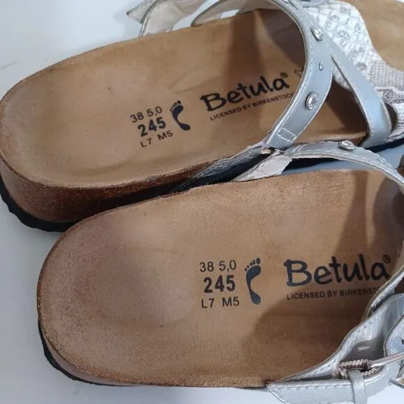 Birkenstock Betula Sandals Sz 7 Womens Silver Snake Print‎ Womens Casual Travel
