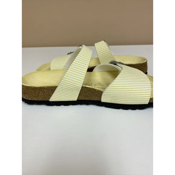 Birkenstock Birki’s  Aziza Yellow &amp; White Stripe 2 Strap Sandals US 5 EU 36