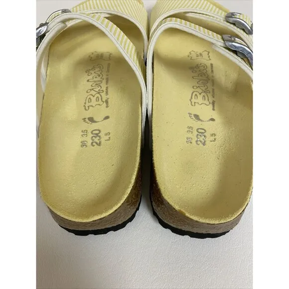 Birkenstock Birki’s  Aziza Yellow &amp; White Stripe 2 Strap Sandals US 5 EU 36