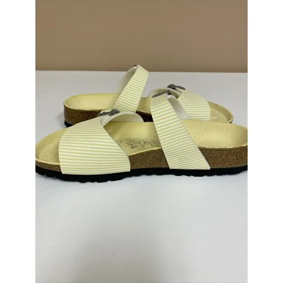 Birkenstock Birki’s  Aziza Yellow &amp; White Stripe 2 Strap Sandals US 5 EU 36
