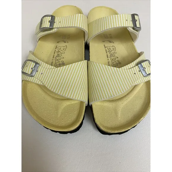 Birkenstock Birki’s  Aziza Yellow &amp; White Stripe 2 Strap Sandals US 5 EU 36