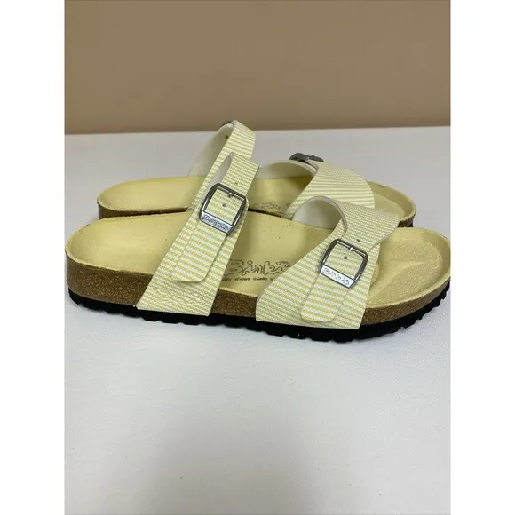Birkenstock Birki’s  Aziza Yellow &amp; White Stripe 2 Strap Sandals US 5 EU 36
