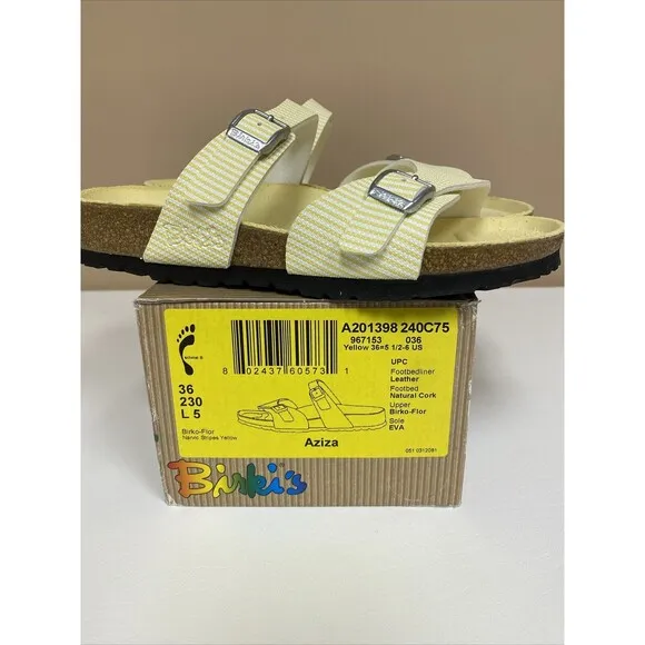 Birkenstock Birki’s  Aziza Yellow &amp; White Stripe 2 Strap Sandals US 5 EU 36