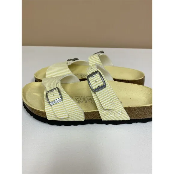 Birkenstock Birki’s  Aziza Yellow &amp; White Stripe 2 Strap Sandals US 5 EU 36