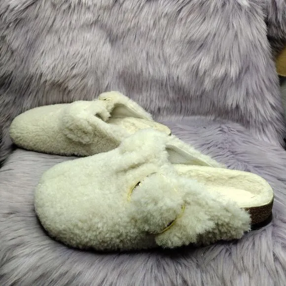 Birkenstock Boston Big Buckle Teddy Rivet Logo OS Women's Size 8 Ivory Eggshell