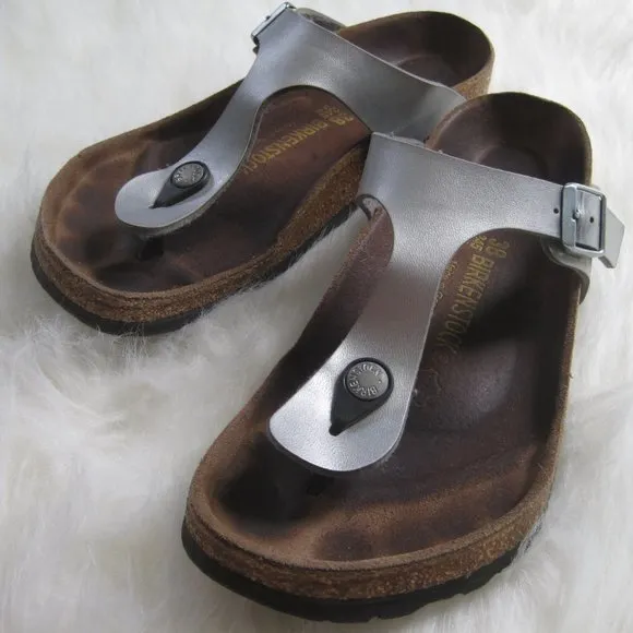 Birkenstock Gizeh Birko-Flor Metallic Leather T-Strap Sandals Silver 38