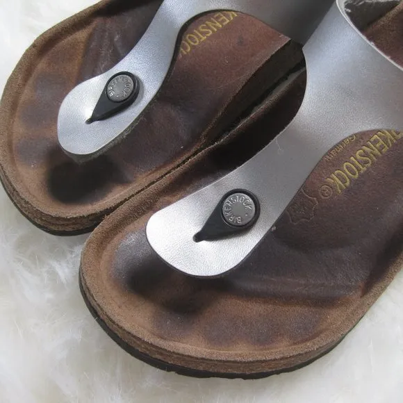 Birkenstock Gizeh Birko-Flor Metallic Leather T-Strap Sandals Silver 38