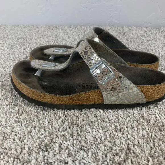 Birkenstock Gizeh Birko-Flor Sandal Womens Size 7.5 Silver Flat Slip On