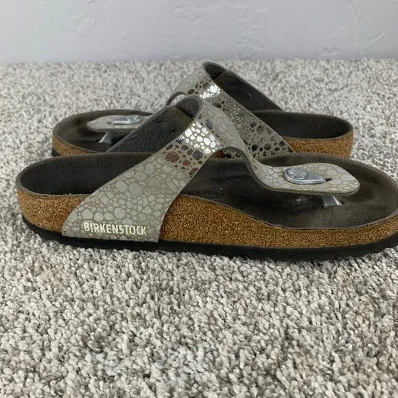 Birkenstock Gizeh Birko-Flor Sandal Womens Size 7.5 Silver Flat Slip On