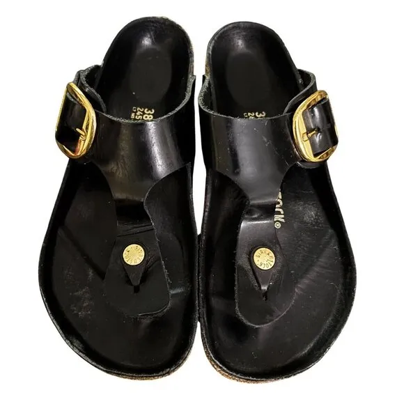 Birkenstock Gizeh High Shine Big Buckle Black Leather Sandal  7 L7 M6 Euro 38