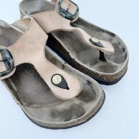 Birkenstock Gizeh Leather Thong Sandal Camo Buckle 37 Size 6.5 Tan Beige