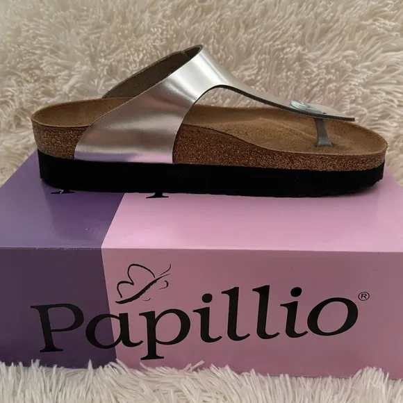Birkenstock Gizeh Silver Platform Sandals