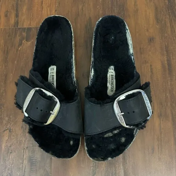 BIRKENSTOCK Madrid Big Buckle Shearling in Black Oiled Leather EU 39 US 8-8.5 N