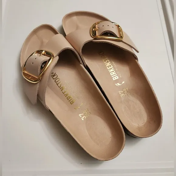 BIRKENSTOCK MARID BIG GOLD BUCKLE NATURAL SHINE LEATHER SLIDE SANDAL SIZE 6
