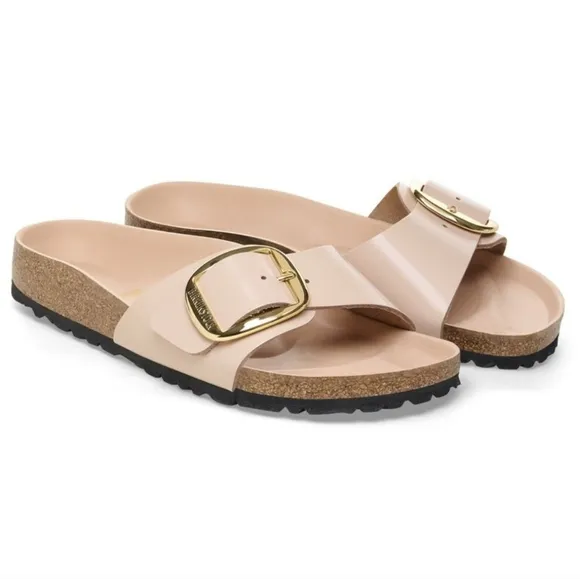 BIRKENSTOCK MARID BIG GOLD BUCKLE NATURAL SHINE LEATHER SLIDE SANDAL SIZE 6