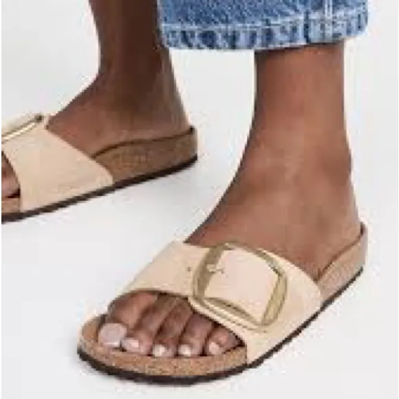 BIRKENSTOCK MARID BIG GOLD BUCKLE NATURAL SHINE LEATHER SLIDE SANDAL SIZE 6