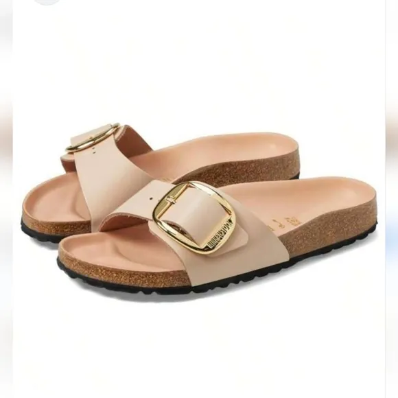 BIRKENSTOCK MARID BIG GOLD BUCKLE NATURAL SHINE LEATHER SLIDE SANDAL SIZE 6