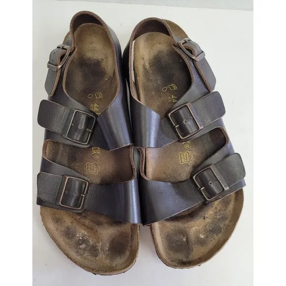 Birkenstock Men's Milano Leather Strappy Sandal Heel Strap Brown Buckle 44 US 11