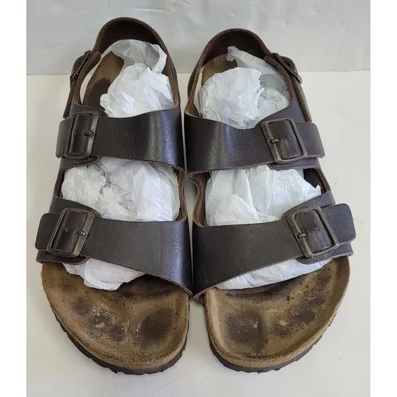 Birkenstock Men's Milano Leather Strappy Sandal Heel Strap Brown Buckle 44 US 11