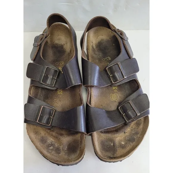 Birkenstock Men's Milano Leather Strappy Sandal Heel Strap Brown Buckle 44 US 11