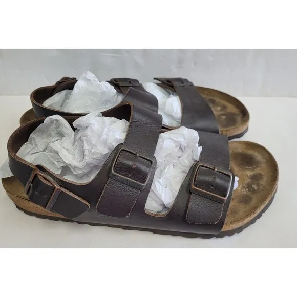 Birkenstock Men's Milano Leather Strappy Sandal Heel Strap Brown Buckle 44 US 11