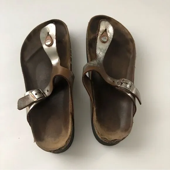 Birkenstock Papillio Gizeh style sandals silver and brown women’s size 40