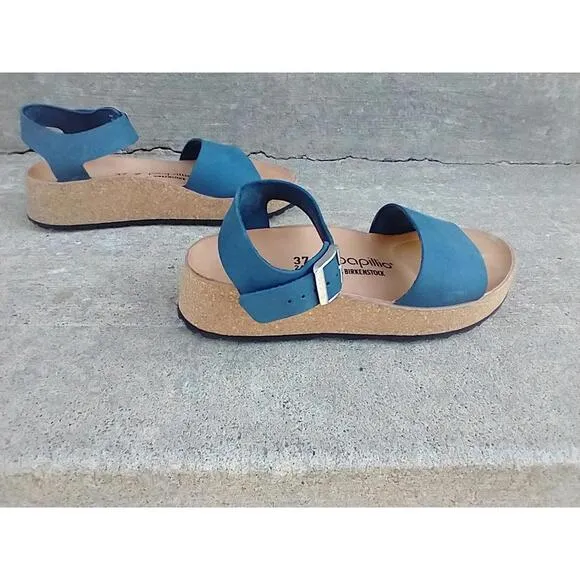 Birkenstock Papillio Glenda Blue Leather Platform Sandals Size 37 EU 6 US