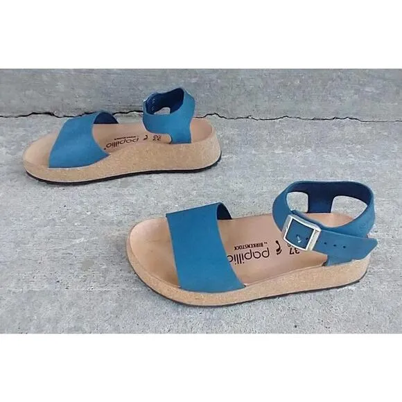 Birkenstock Papillio Glenda Blue Leather Platform Sandals Size 37 EU 6 US