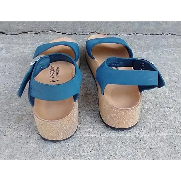 Birkenstock Papillio Glenda Blue Leather Platform Sandals Size 37 EU 6 US
