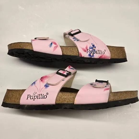 Birkenstock Papillio Light Pink Leather Floral Print Arizona Slide Sandals US 9