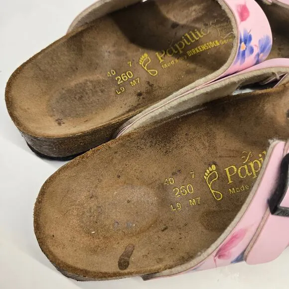 Birkenstock Papillio Light Pink Leather Floral Print Arizona Slide Sandals US 9