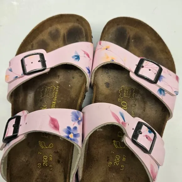 Birkenstock Papillio Light Pink Leather Floral Print Arizona Slide Sandals US 9