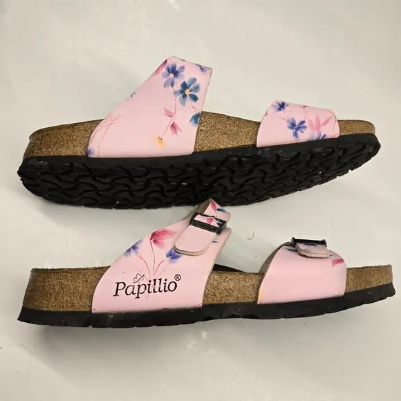 Birkenstock Papillio Light Pink Leather Floral Print Arizona Slide Sandals US 9