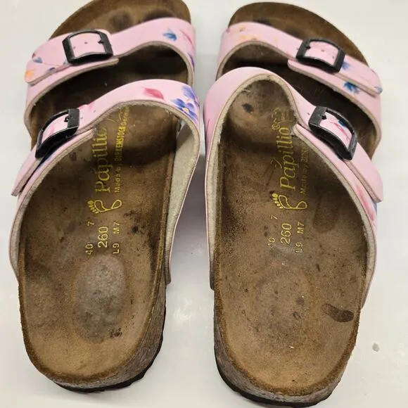 Birkenstock Papillio Light Pink Leather Floral Print Arizona Slide Sandals US 9