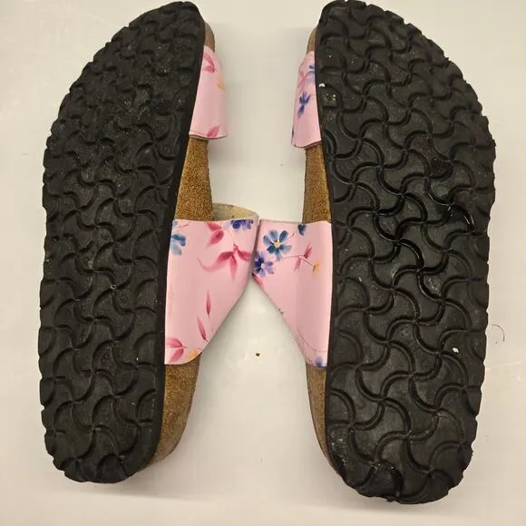 Birkenstock Papillio Light Pink Leather Floral Print Arizona Slide Sandals US 9