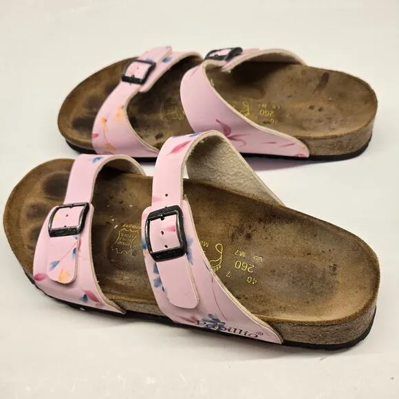 Birkenstock Papillio Light Pink Leather Floral Print Arizona Slide Sandals US 9