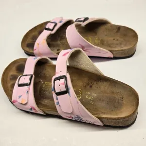Birkenstock Papillio Light Pink Leather Floral Print Arizona Slide Sandals US 9