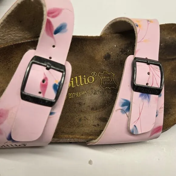 Birkenstock Papillio Light Pink Leather Floral Print Arizona Slide Sandals US 9
