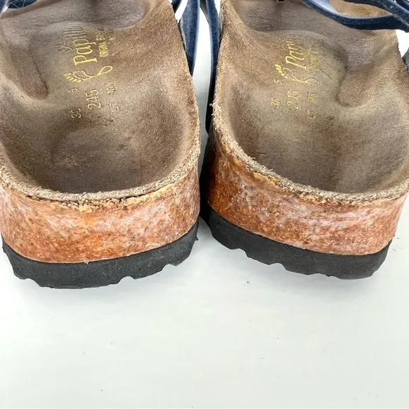 BIRKENSTOCK Papillion Metallic Blue Leather Buckle Flat Thong Sandals Sz 38