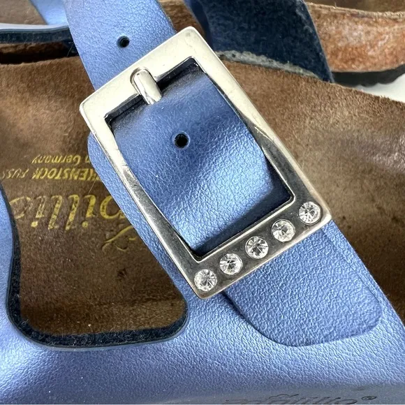 BIRKENSTOCK Papillion Metallic Blue Leather Buckle Flat Thong Sandals Sz 38
