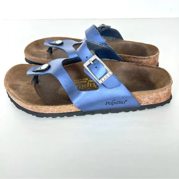 BIRKENSTOCK Papillion Metallic Blue Leather Buckle Flat Thong Sandals Sz 38