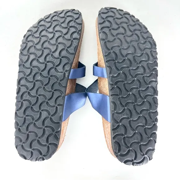 BIRKENSTOCK Papillion Metallic Blue Leather Buckle Flat Thong Sandals Sz 38
